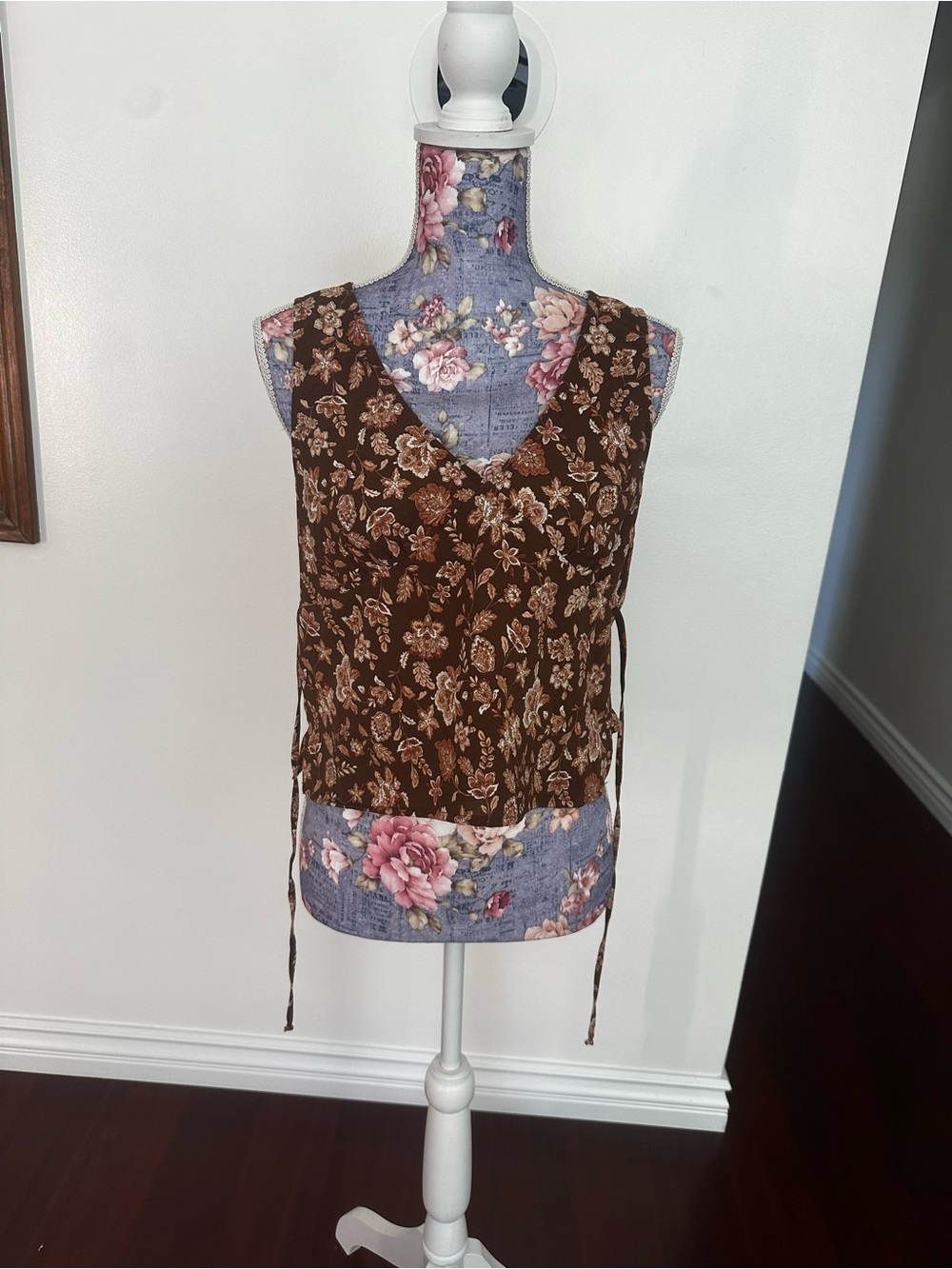 Brown Floral Tie-Side V-Neck Women's Top